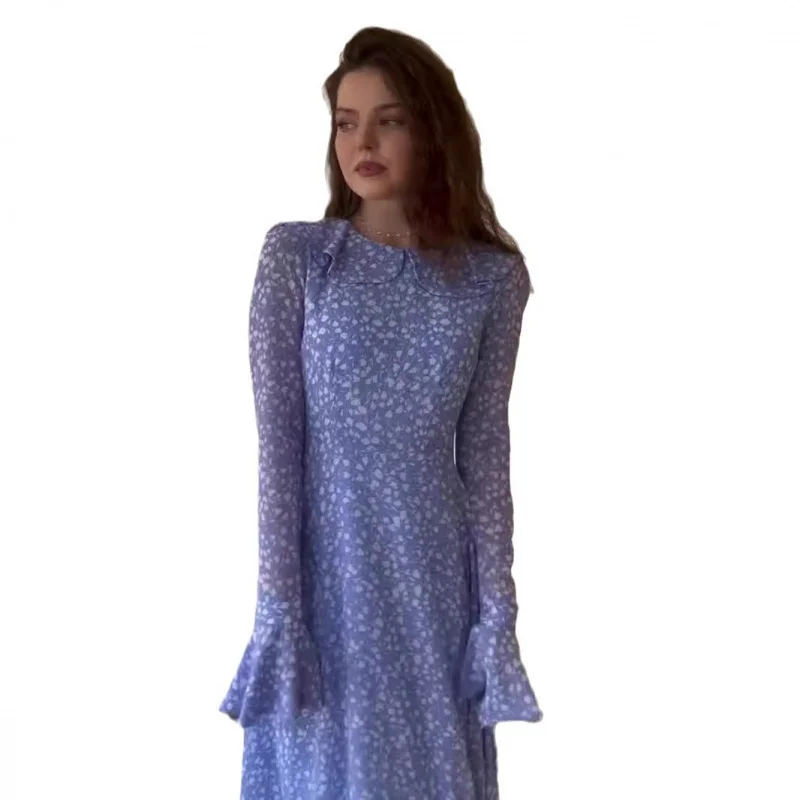 Biała sukienka w kropki z patchworkiem, falbankami przy rękawach, kołnierzykiem typu doll collar, słodka, z długim rękawem, prześwitująca, petite.