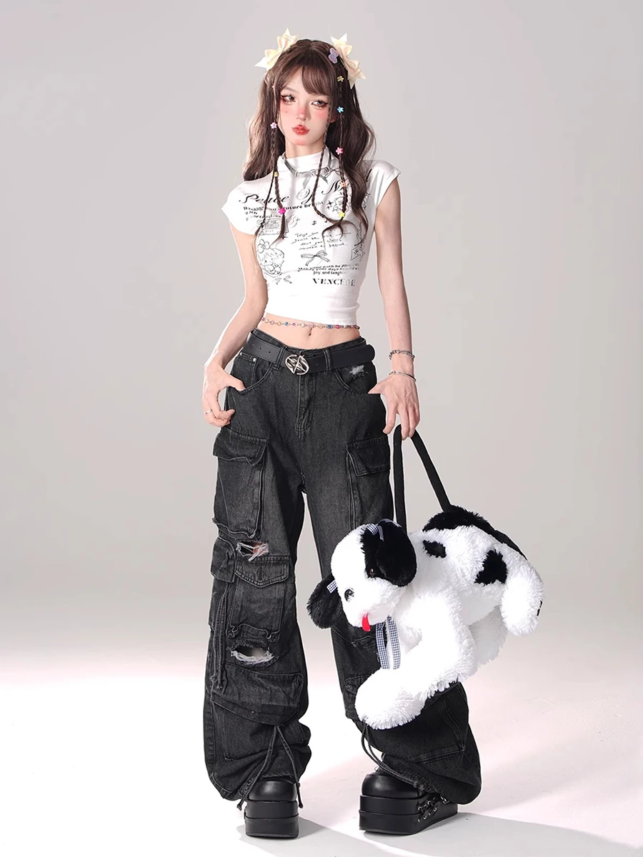 REDDACHiC Multi-pocket Destroyed Baggy Jeans Women Vintage Wash Black High Waist Wide Leg Cargo Pants Trousers Grunge Streetwear