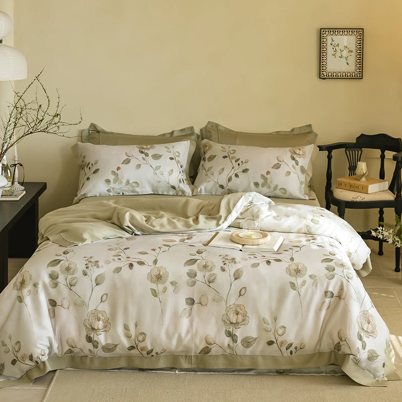 

500TC Lyocell Soft Silky Cooling Summer Luxury Floral Plant Prints Bedding Set Duvet Cover Flat/Fitted Bed Sheet Pillowcase 4Pcs