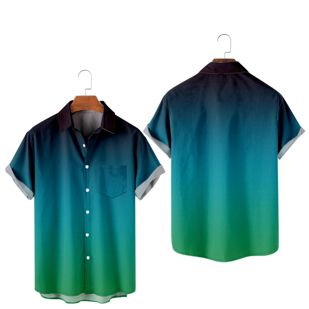 

Gradient Color Summer Short Sleeve Shirts V-Neck Turn-down Collar Casual Beach Style Button Shirt