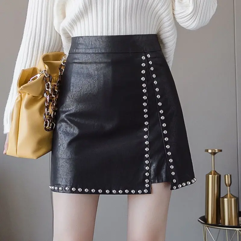 

Y2k Rivet A-line PU Skirts Women High Waist Leather Short Skirt Summer Korean Fashion Mini Skirt Woman Clothing Trendy 2025