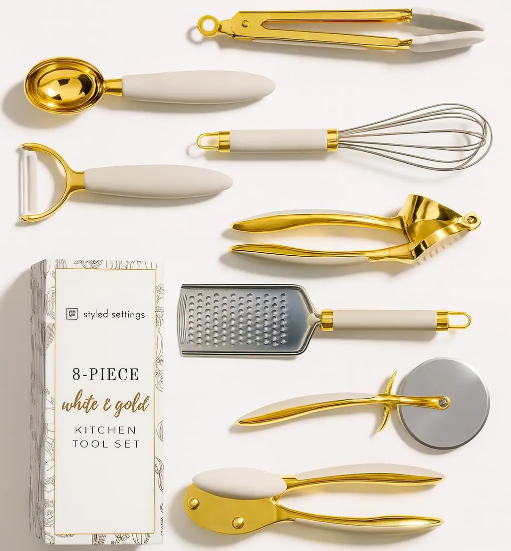 

8-Piece White & Gold Kitchen Utensil Set - Stylish Gadgets for Modern Cooks