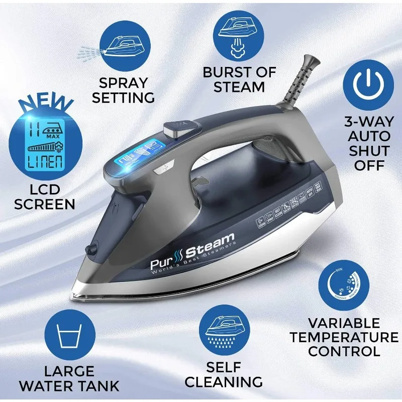 PurSteam-plancha de vapor para ropa 1800W con pantalla LCD, placa de cerámica antiadherente, apagado automático, antigoteo, autolimpieza