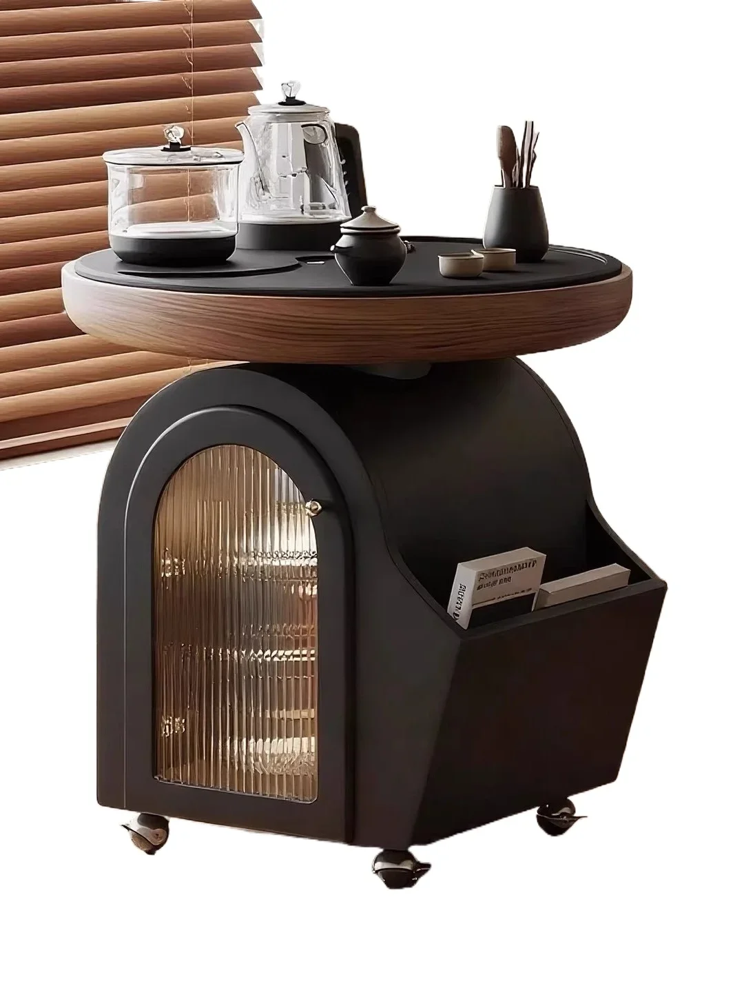 

Mobile coffee table solid wood round black gold stone small tea stand with rollers can be moved to boil water storage