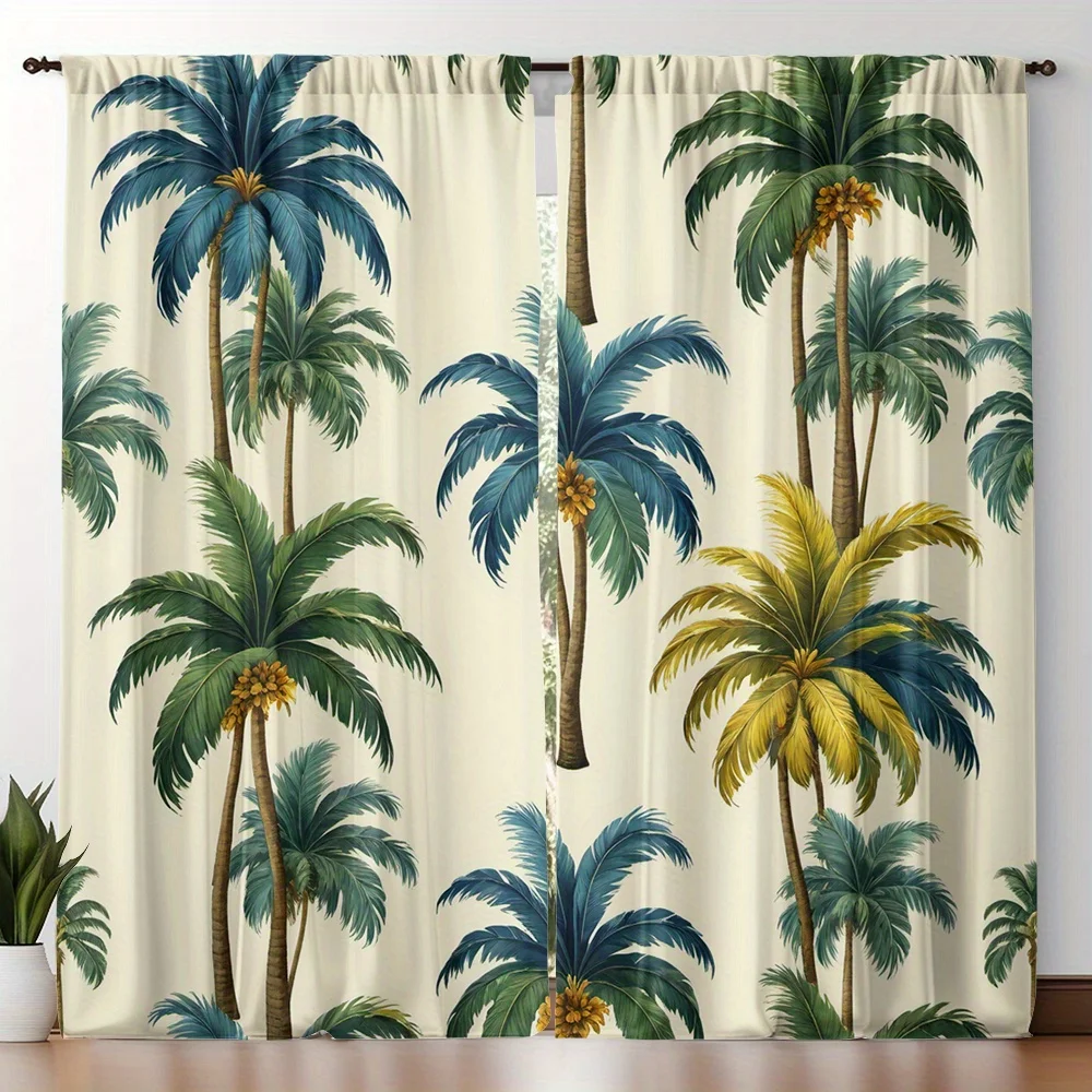 2pcs Tropical Palm Leaf Curtains Jungle Botanical Print Window Curtains Modern Resort Style Patio Drapes