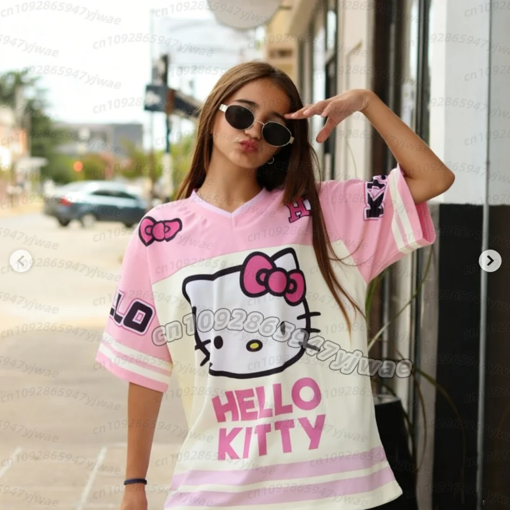 26 Damen Mädchen T-Shirt Hello Kitty Print T-Shirt Damen Fußballtrikot Mode Sportbekleidung Übergroßes Sport-Trainings-T-Shirt für Kinder