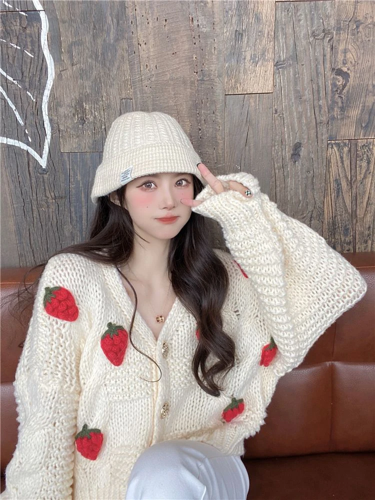 Zoki 3D Strawberry Sweet Cardigan Women Loose Long Sleeve Fashion Knitted Sweaters Korean Lazy Wind Casual Female Soft Cardigans