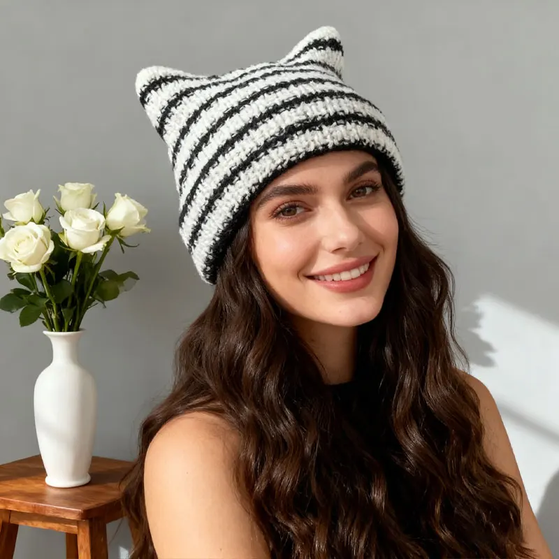 1/3/5PCS New Japanese Streetwear Harajuku Little Devil Striped Knitted Cap Cat Ears Cute Beanie for Women Girls Autumn Winter