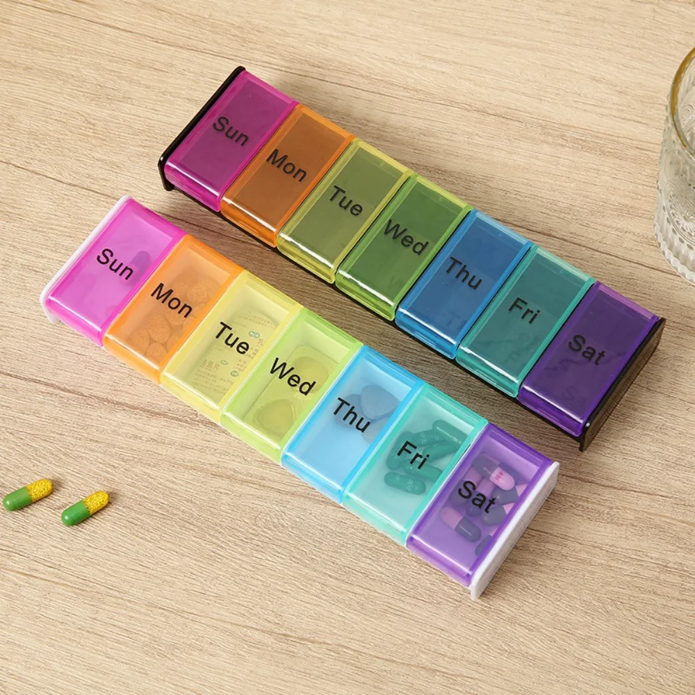 

New Hot Premuim Large Rainbow Weekly Pill Organizer Box 1 Time A Day Daily Pill Case Storage for Vitamin Supplements FishOils