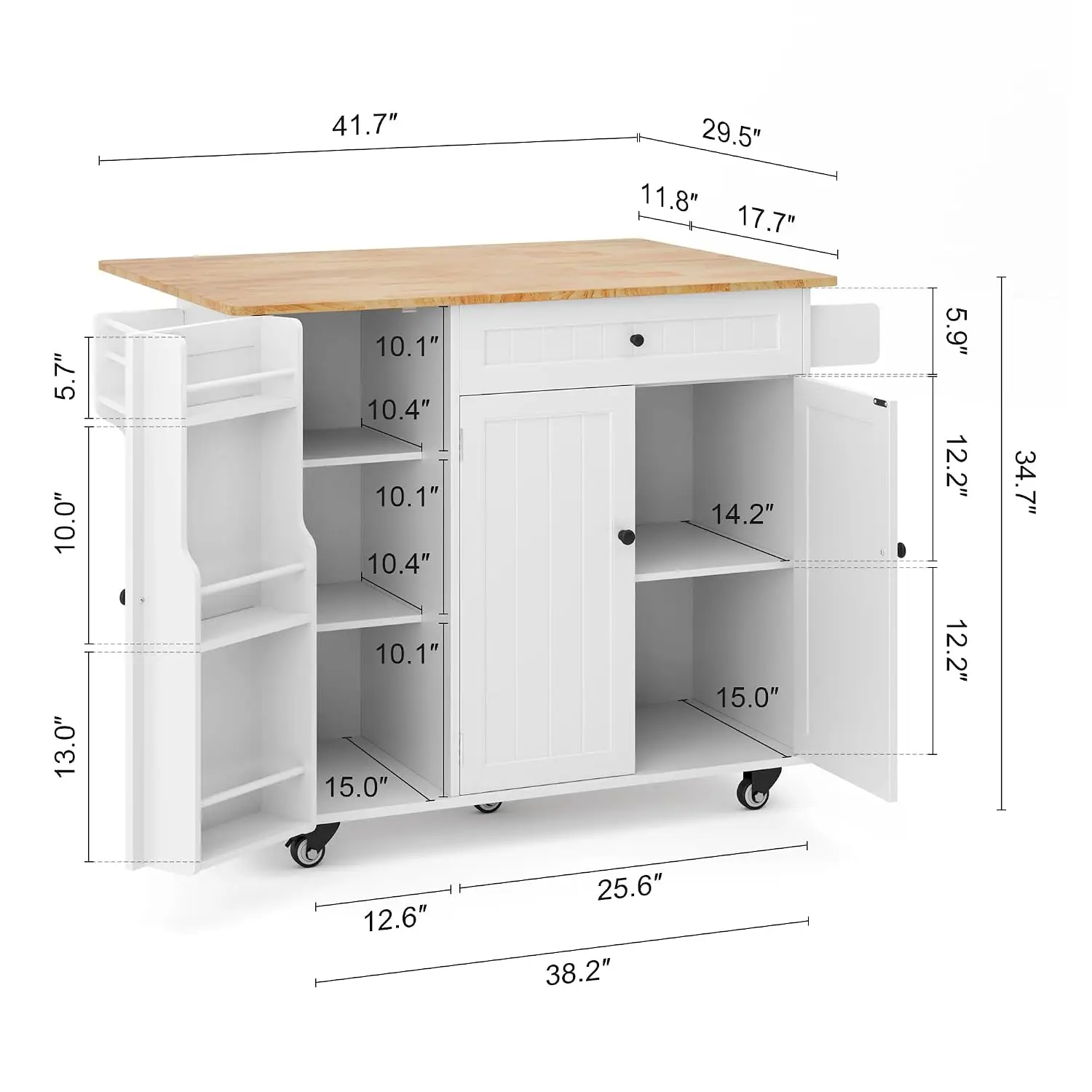 Kitchen Island with Drop Leaf, Storage, Drawer, 5 Wheels, Internal Rack, Spice Rack & Towel Bar, Customized