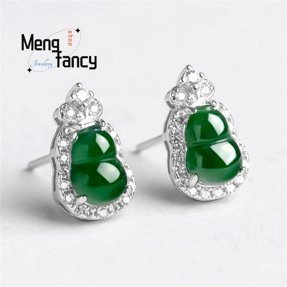 S925 Silver Inlaid Natural A-goods Jadeite Gourd Sunny Green Ice Jade Earrings Exquisite Charms Sexy Young Girls Fashion Jewelry