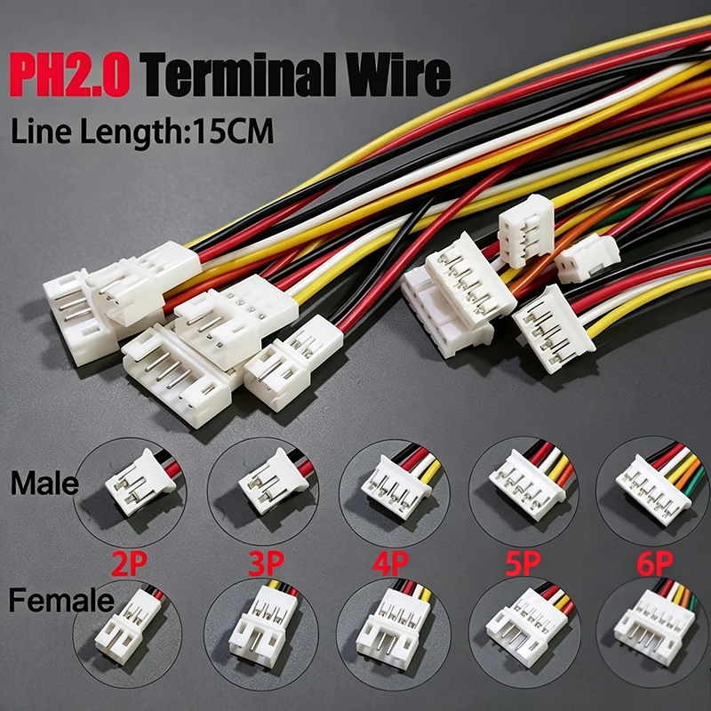 10PCS PH2.0mm Pitch Male/Female Cable Connector PH2.0 2P 3P 4P 5P 6P Plug Connecting Wire With Wires Cables 15CM