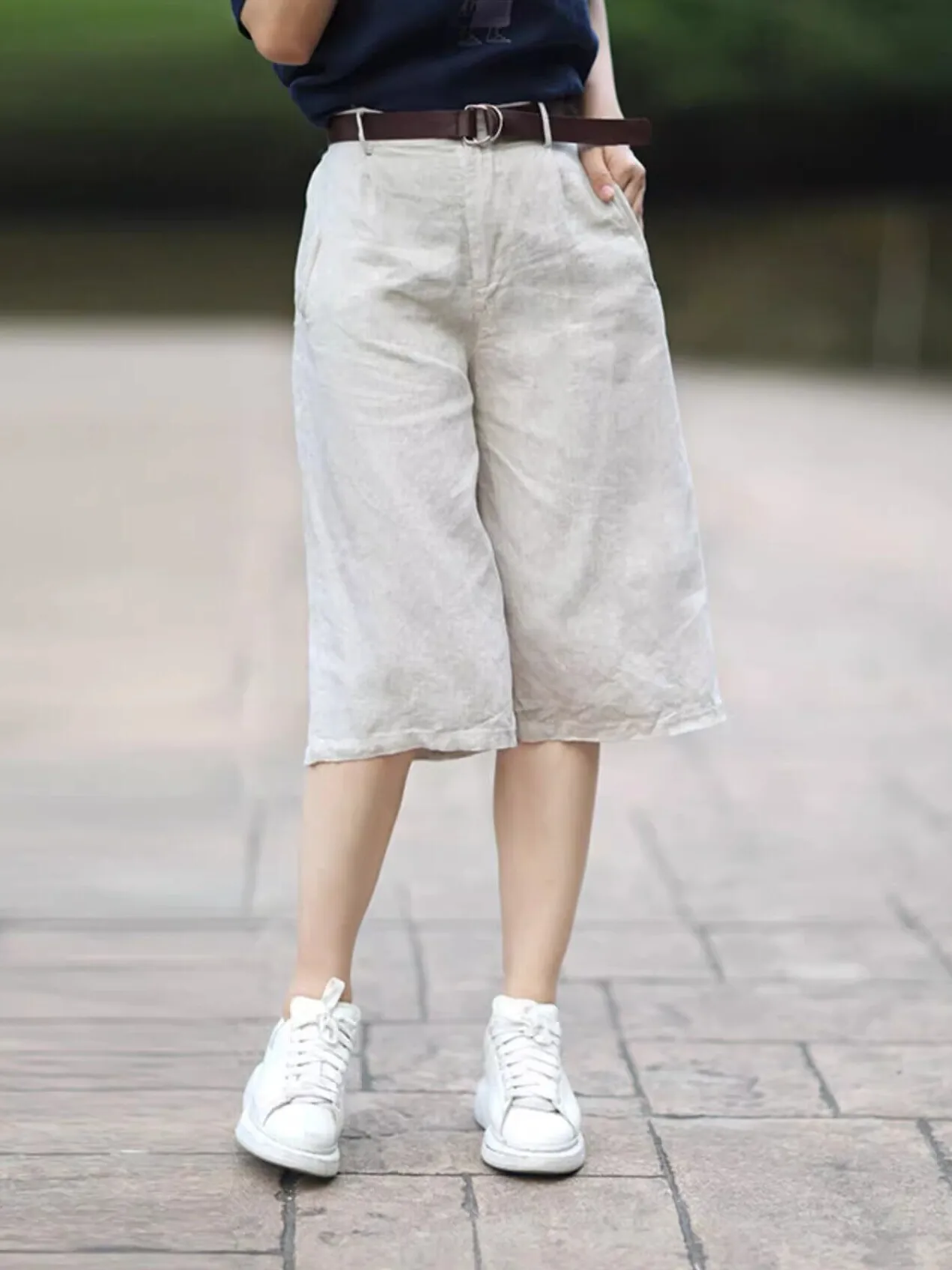 Pantaloni a gamba larga in lino Donna Estate Artistico Cotone Lino Allentato Plus Size Faionable Dimagrante orts Casual Vita alta Cinque-Qu...