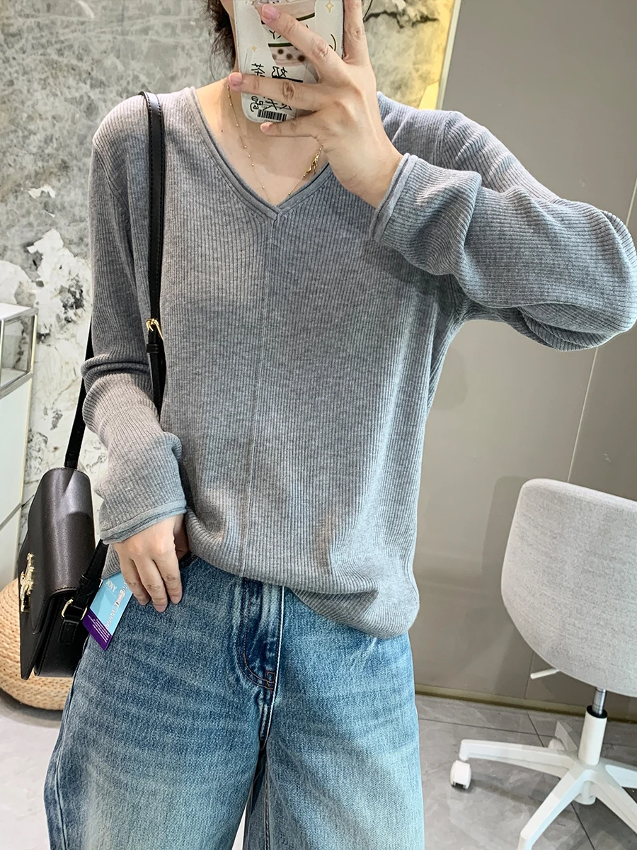 

Женская шерстяная вязаная футболка с V-образным вырезом, мягкая, теплая, эластичная, повседневная, свободного кроя, с длинным рукавом, удобная внутренняя одежда