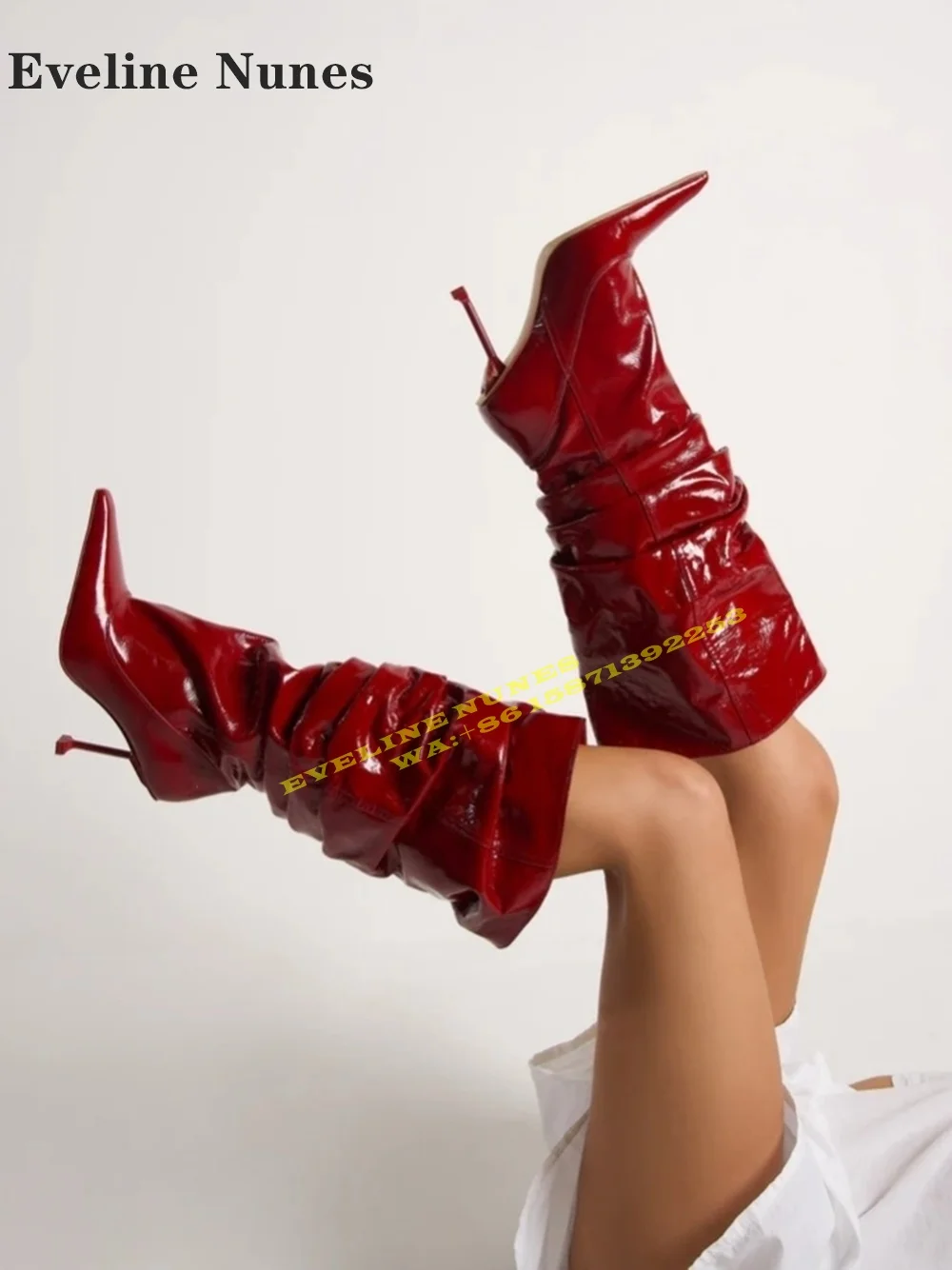 

Red Crinkle Patent Leather Knee-High Boots 2024 New Style Pointed Toe Wine-Glass Pleated Sexy Slouch Boots Big Size Spicy Girl