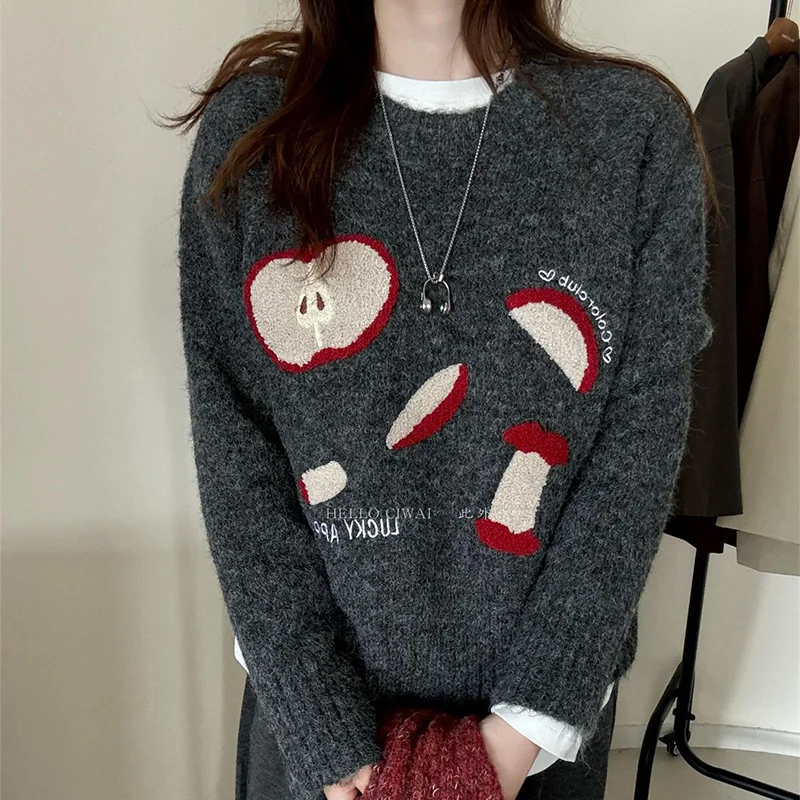 

Korean Fruit Pattern Sweater for Women Autumn Winter Crew Neck Long Sleeve Pullovers Woman Mix Color Soft Jumpers Ladies