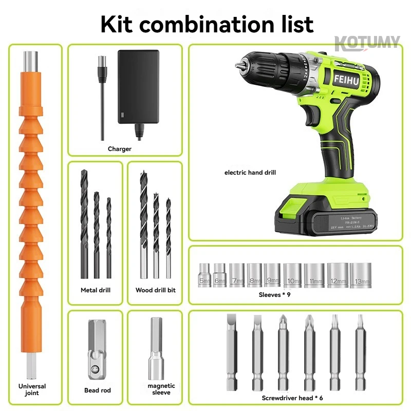 

21V Lithium ion Hand Drill Tool Set 28 Piece Multi functional Household High Power Hand Drill
