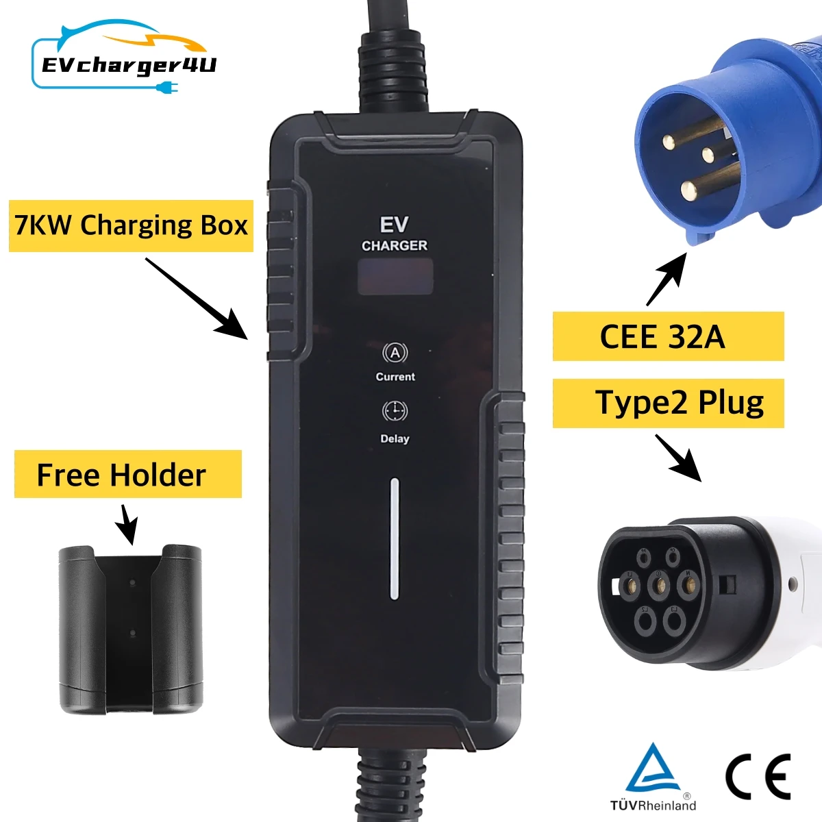 EVcharger4U CEE 32A 1Phase 7KW Type 2 Portable EV Charger IP65 IEC62196 TUV CE certified ESVE with 6A 8A 10A 13A 16A 20A 24A 32A