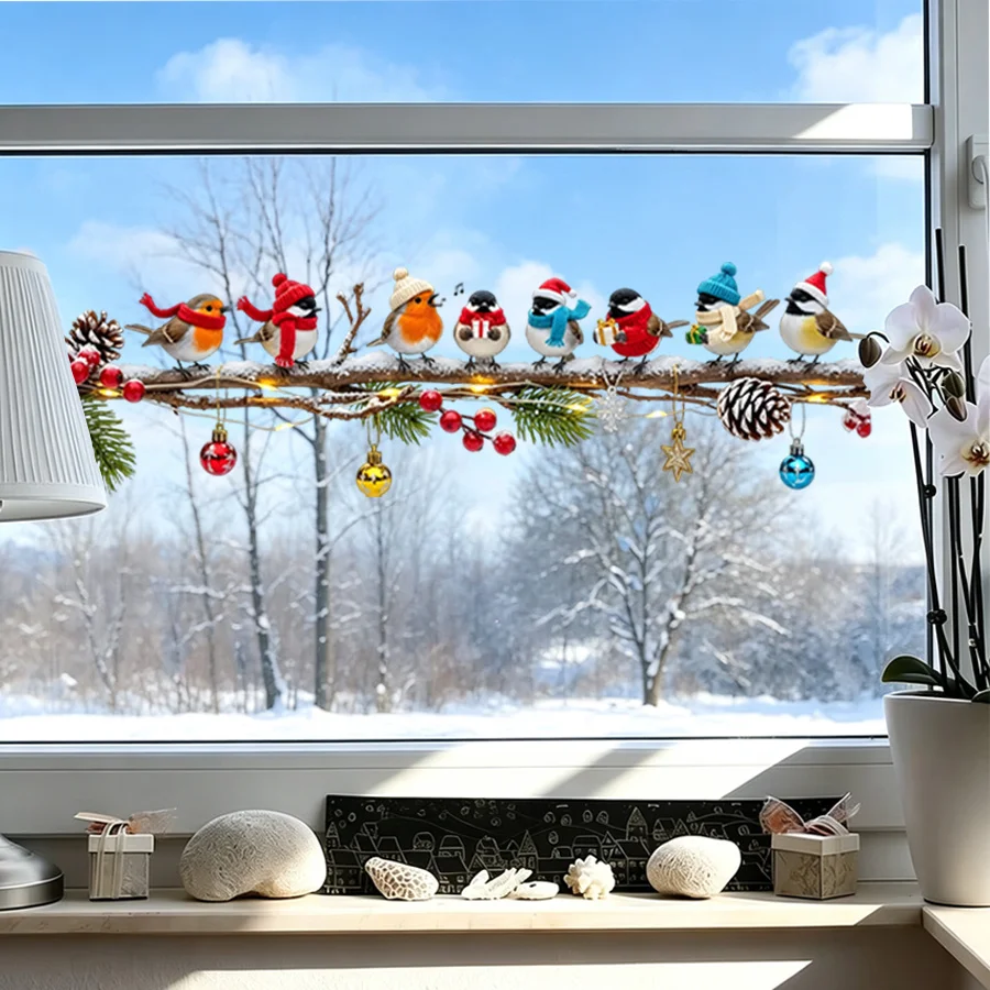 2pcs Christmas Window Stickers,Cute Birds on Branches with Xmas Decorations,Winter Snow Scene Glass Door Decals for Home Party