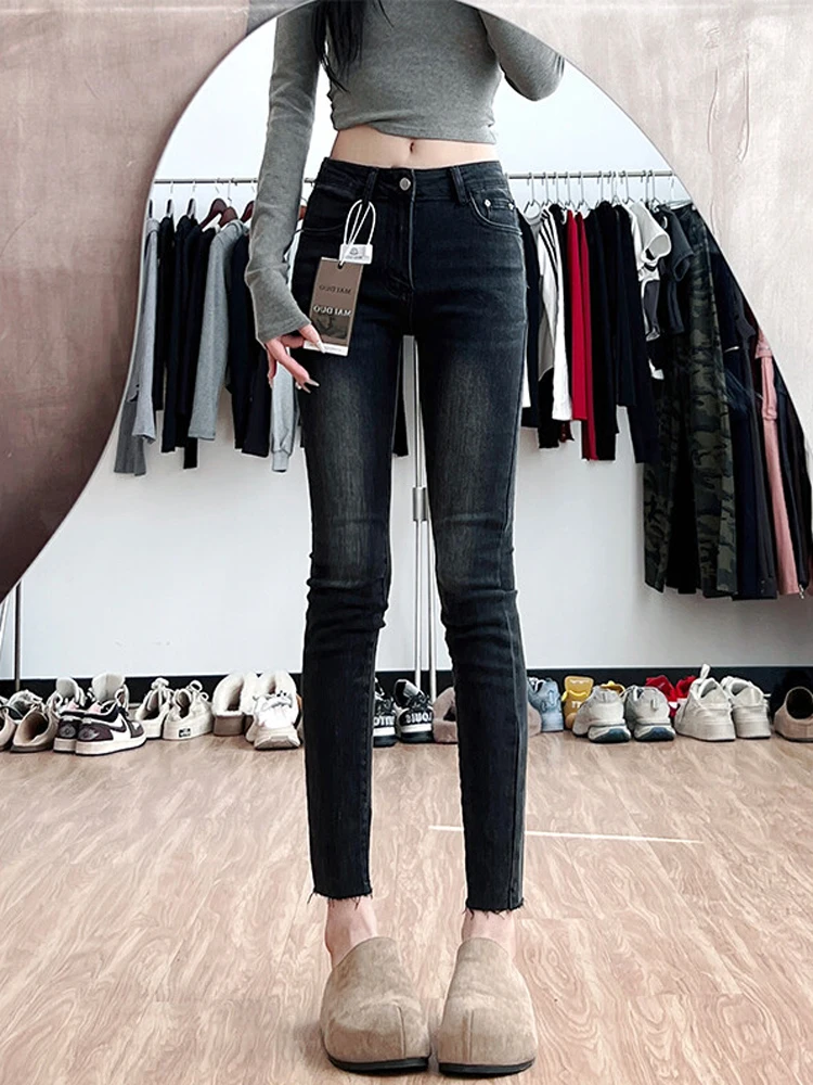 

Women's Fce Lined Low Waist Skinny Jeans Spring Autumn Casual Cotton Stretch Denim Bootcut Pants Frayed Hem