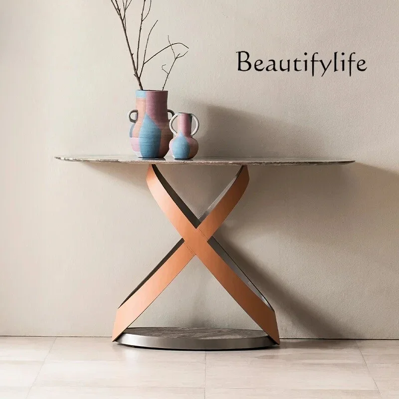 j entrance platform, corridor entrance luxury stone end viewing platform, designer minimalist semi-circle entrance table