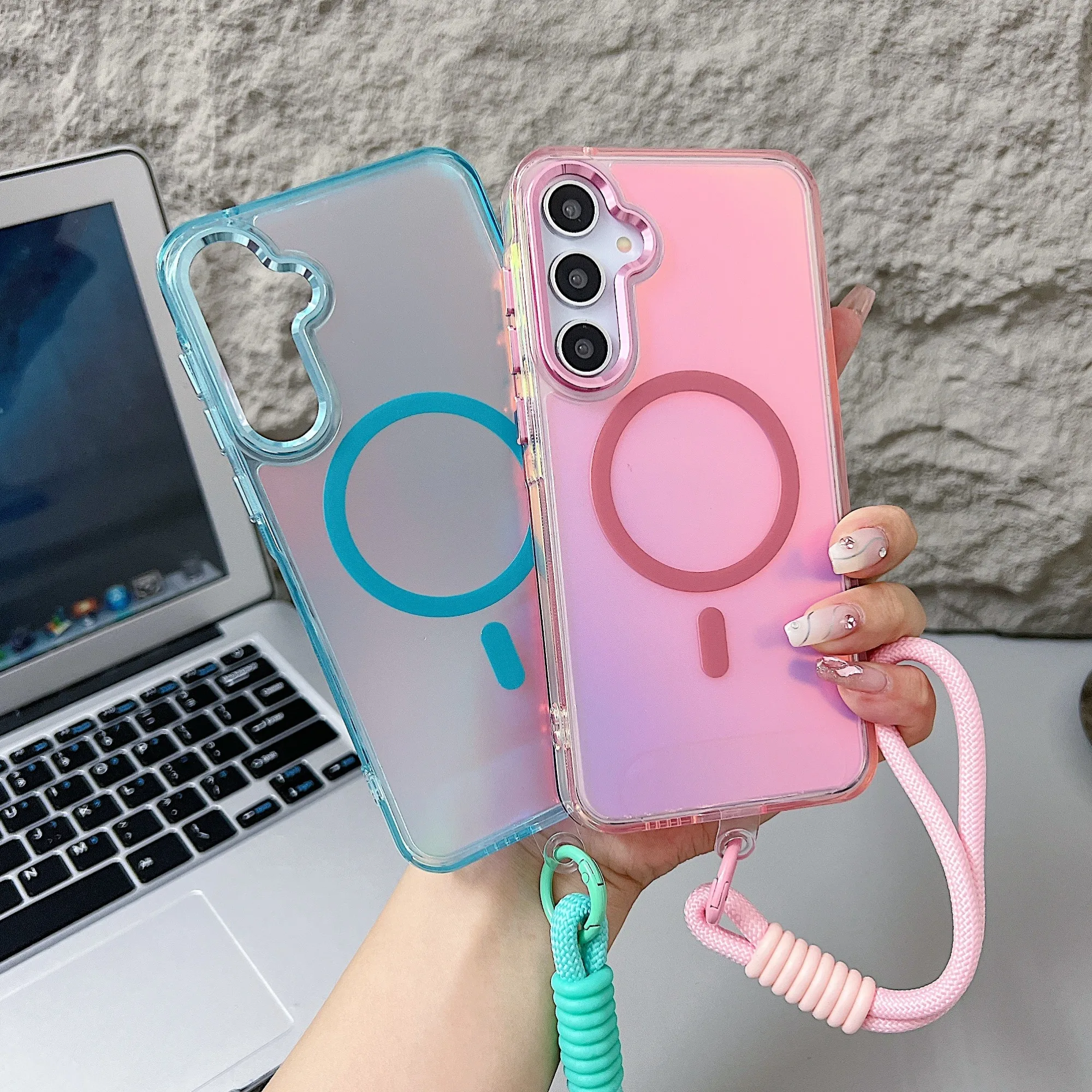 

Fashion Laser Gradient Magnetic Lanyard Shockproof Case for Samsung S25 S24 S23 Ultra Plus S25 edge A56 A36 A26 Magsafe Cover