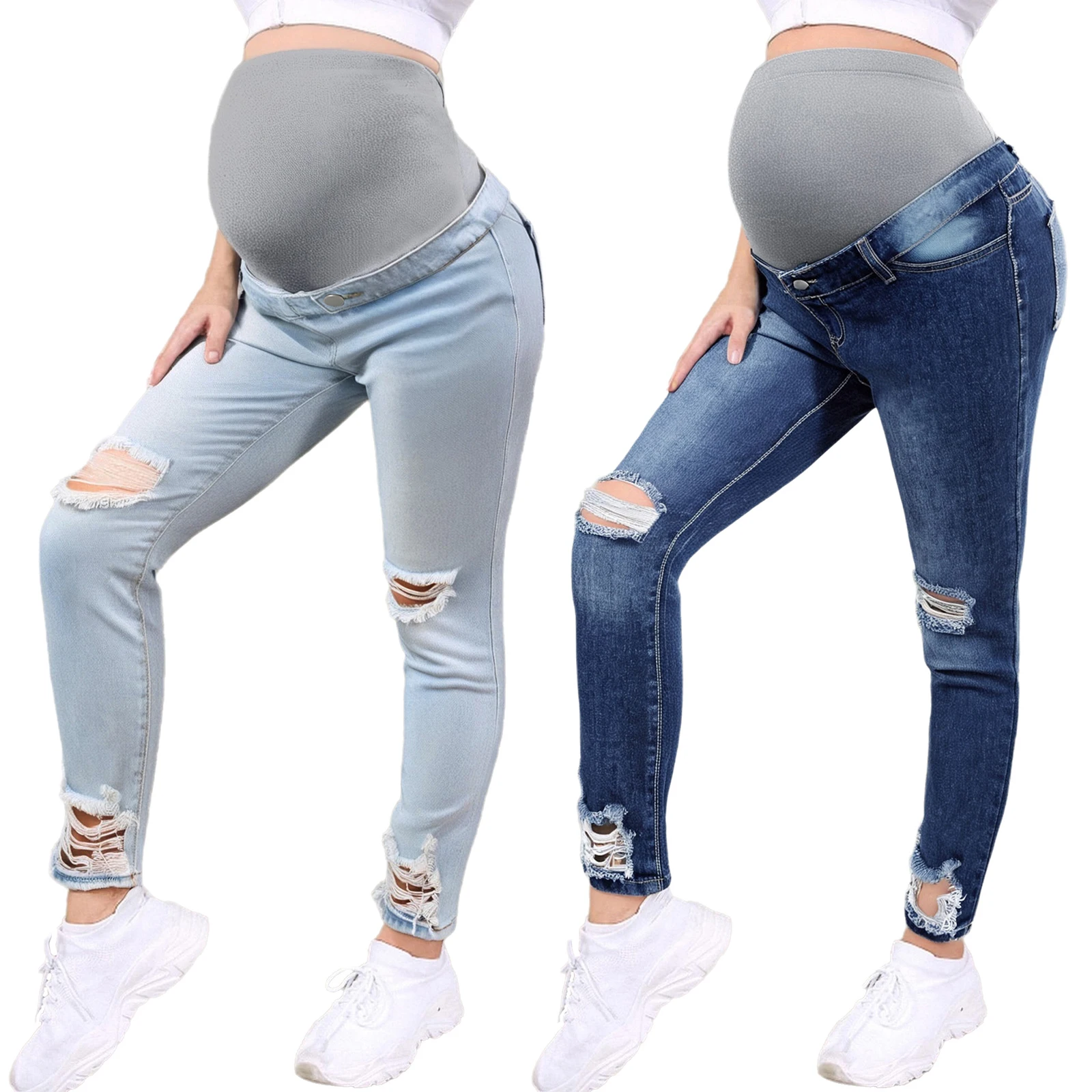 Maternity Jeans Loose Ripped Denim Pants with Pockets High Waist Over Belly Comfy Trousers Pregnancy Women Clothing Daily Wear