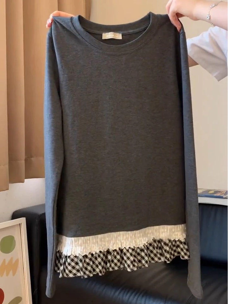 한국 스타일 달콤한 레이스 트림 롱 슬리브 라운드 넥 티셔츠 여성 겨울 신상 패션 탑 베이스 티셔츠 플로럴 프린트 슬림 핏