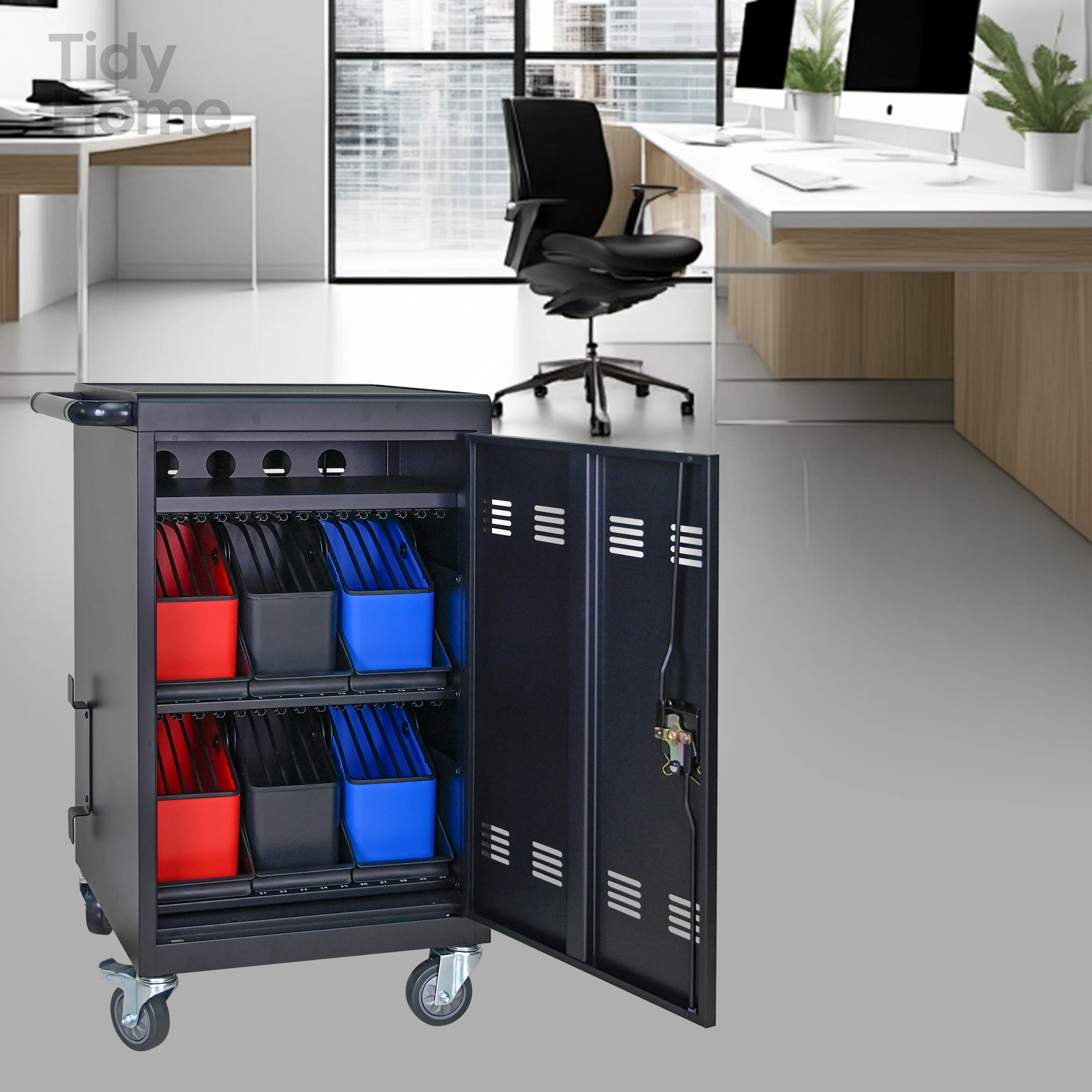 

Plastic Basket Device for Mobile Charging Trolley-Cable Management Dividers,Cable Clip,Storage Compartment&Removable Doors,Black