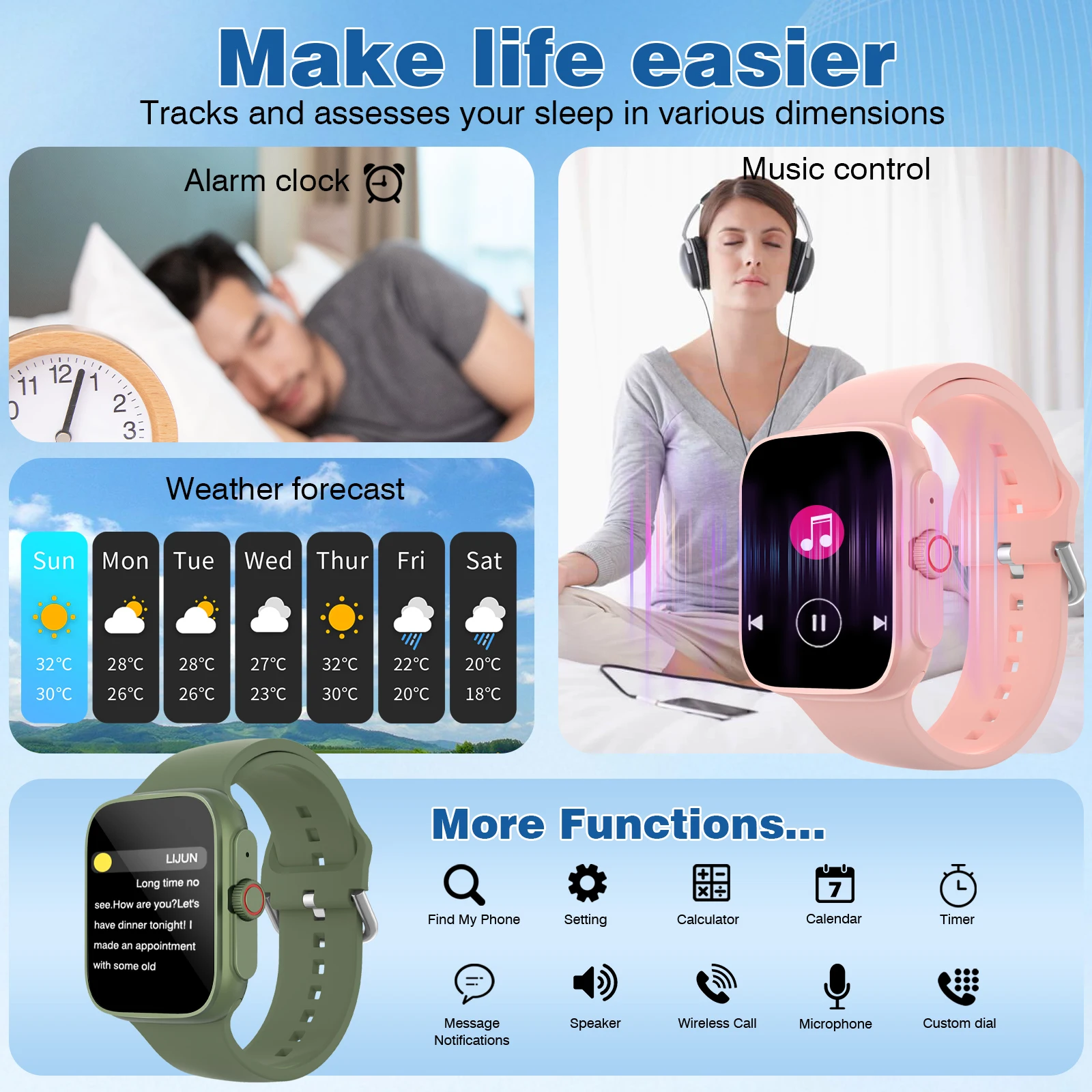 ساعة ذكية، مكالمات بلوتوث، تذكير بالرسائل، معدل ضربات القلب/الأكسجين في الدم/مراقبة ضغط الدم، مناسبة لنظام Android/iPhone #4