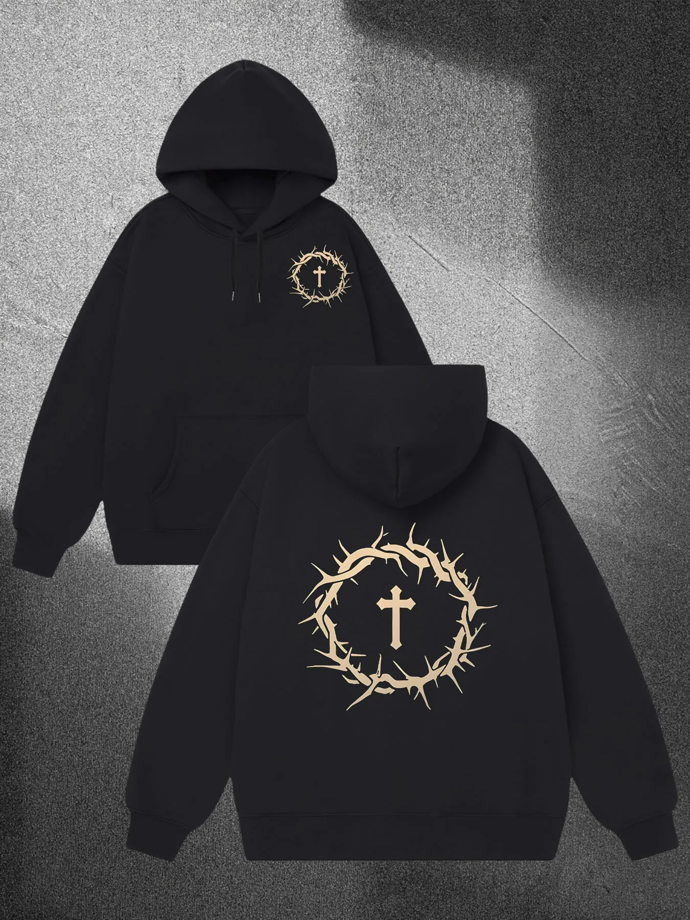 

Men's Gothic cross and crown double-sided printed hooded sweatshirt with golden Gothic letters and kangaroo pockets