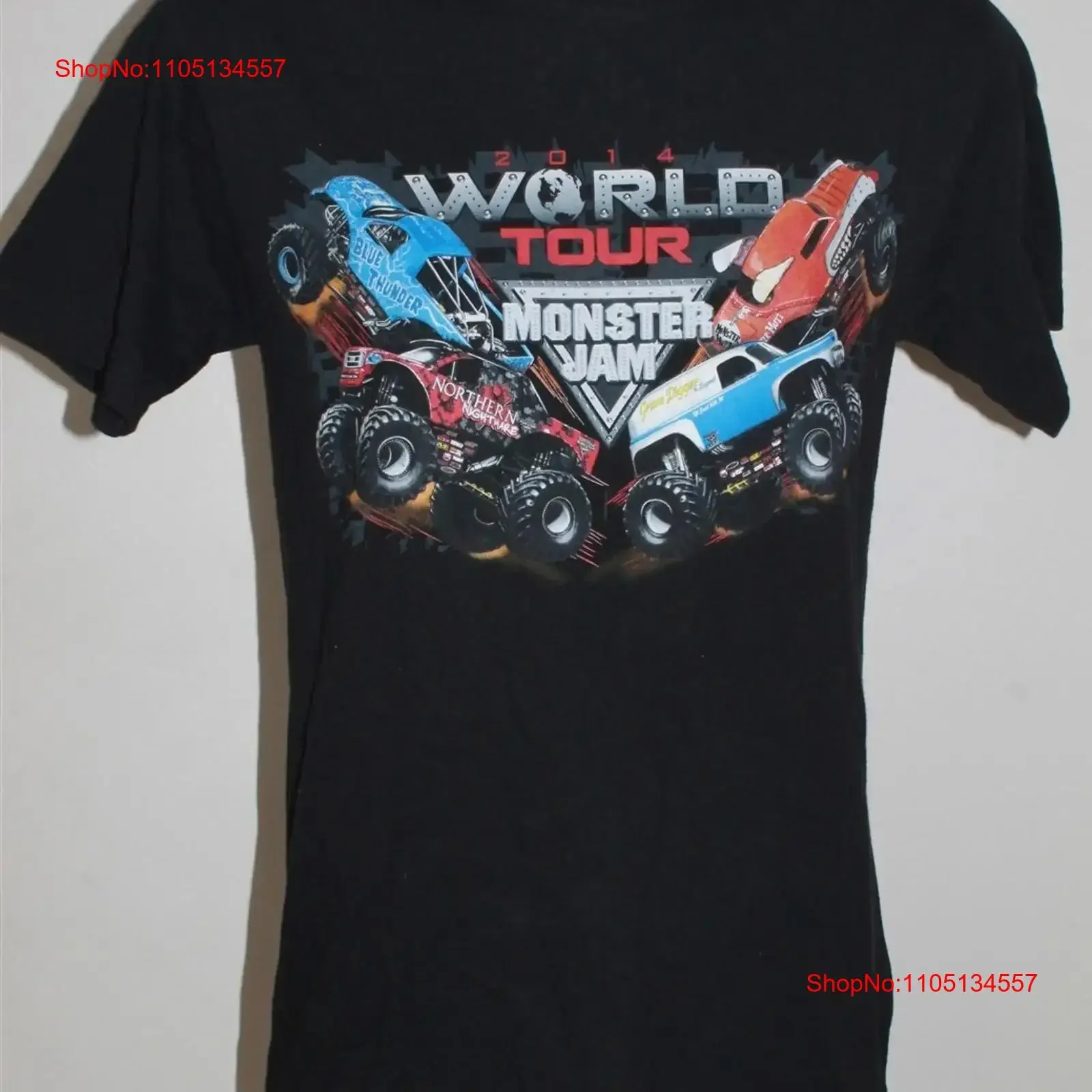 Monster Jam World Tour 2014 camiones camiseta tamaño pequeño vintage lavado homme ligeramente gráfico cómodo versátil transpirable