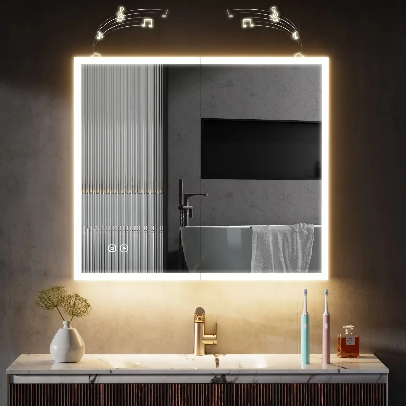 Anti-fog Adjustable Light Color Adjustment Wall-mounted Bathroom Light Emitting Diode Medicine Cabinet with Mirror