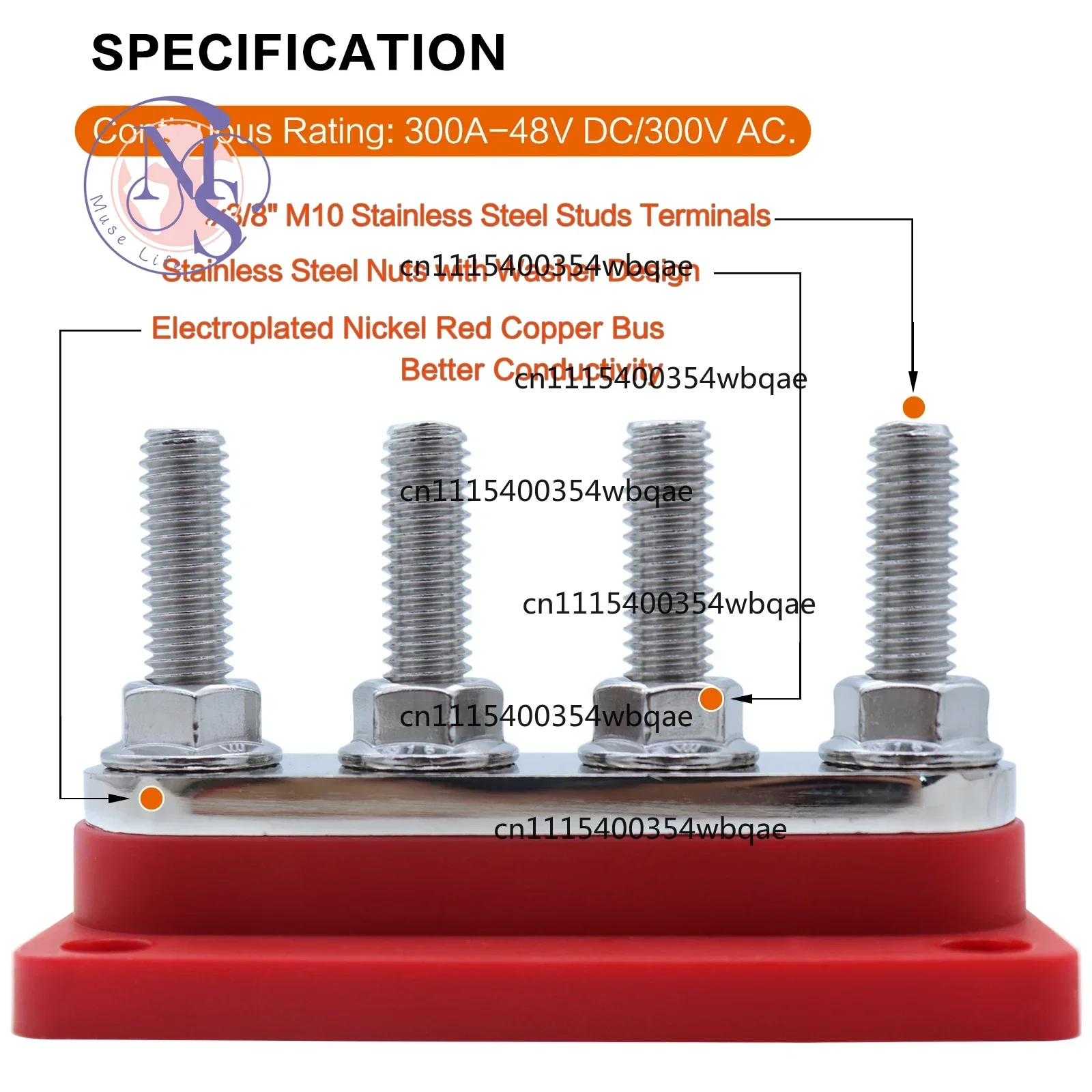 ZOCI-FOR-12-48V 300A Copper Busbar Power Distribution Block with Cover 4XM8 M10 Terminal Studs for Car RV