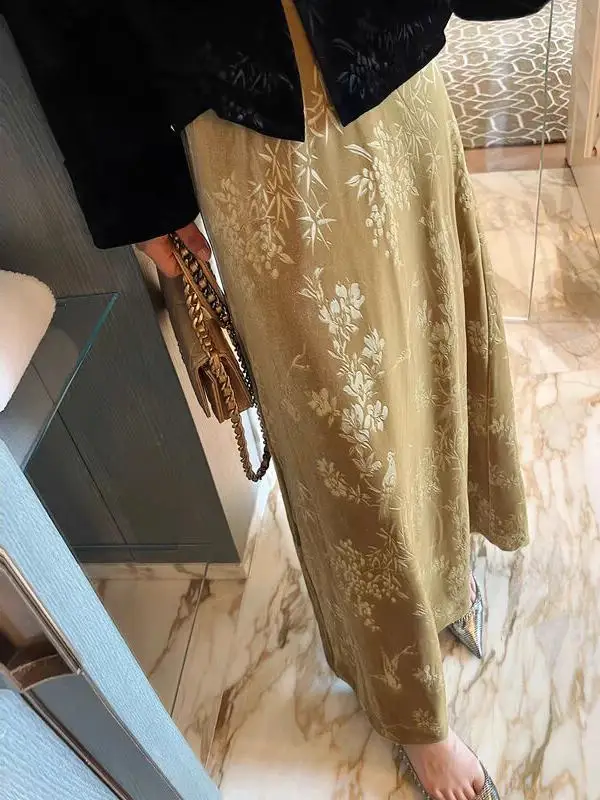 

Вельветовая юбка миди для полных женщин, осенне-зимняя, в китайском стиле, универсальная, стройнящая, с высокой талией, А-силуэт