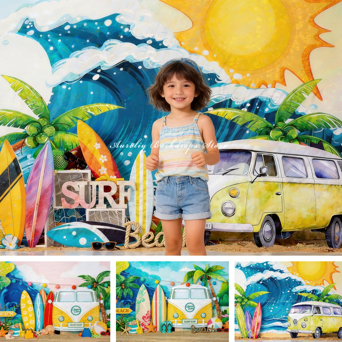 Spring Day Travel Bus Backdrops Child Baby Photo Props Adult Kids Decors Surfing Sunshine Beach Photography Studio Backgrounds