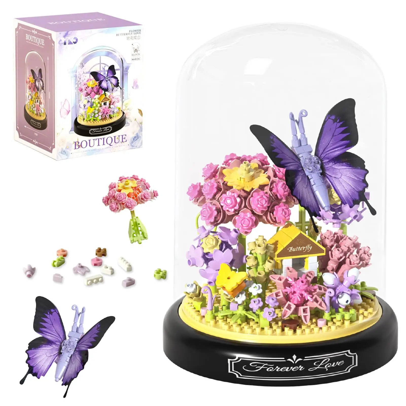 

582PCS Bouquet Building Set for Adults Flowers Botanical Butterfly Toys Collection Mini Building Blocks Kit with Dust Cover Girl