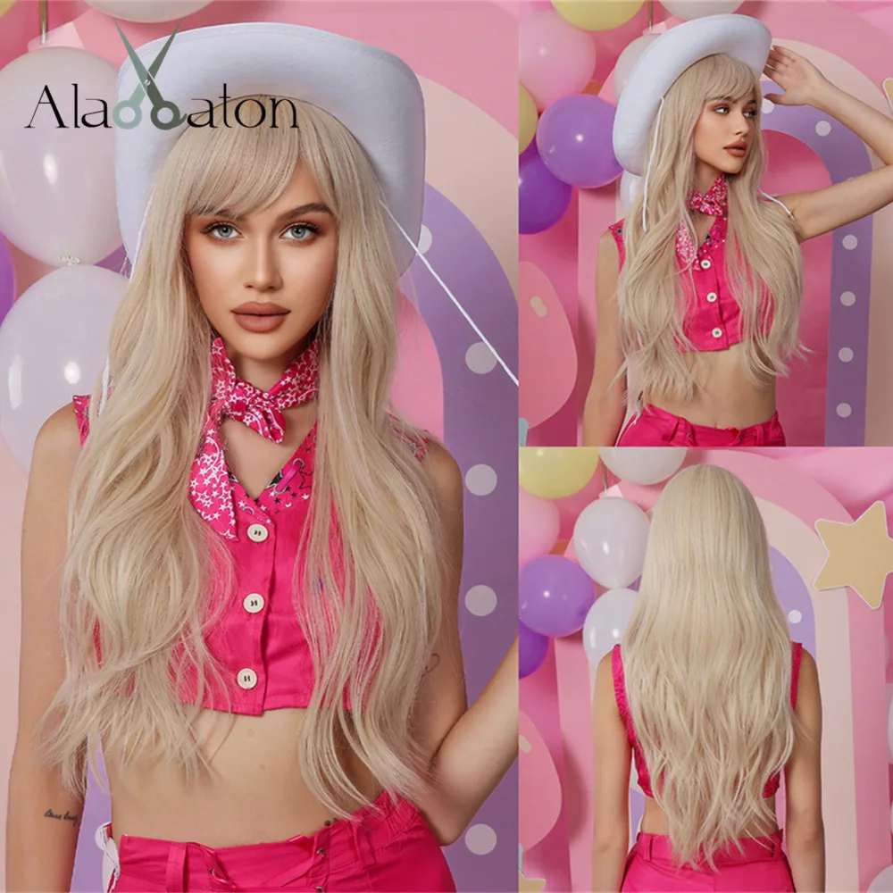 ALAN EATON Light Blonde Long Natural Wavy Wig Synthetic Women Layered Wigs with Bangs Heat Resistant Daily Use Fake Hair Party