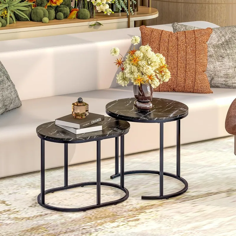 Nesting Coffee Table Set of 2 Modern Round  Faux Marble Wood Table,Side Table Gold Metal Frame Oval End Table Small