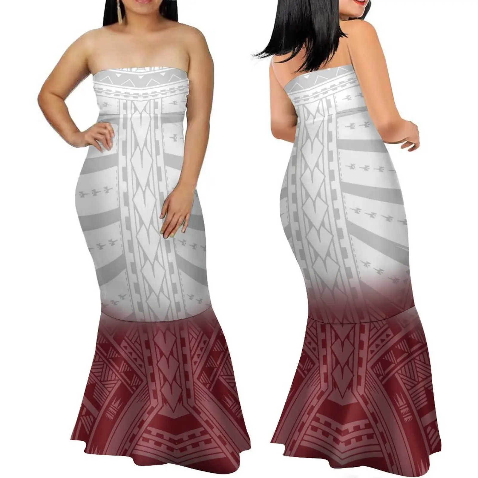 High Quality Fashion Women Slim Strapless Dress Polynesian Tribal Design Graduation Dinner Sexy Evening Gown Floor-Length Dress