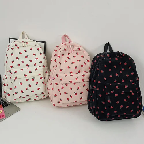 Imagen 2 del producto Mochilas de fresa de pana dulce, mochila de viaje informal, mochila diaria de gran capacidad, Bolsa Escolar de estudiantes de estética japonesa
