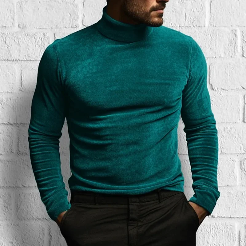 2024 Autumn Long Sleeved Solid Color Tight Fitting T-Shirt, Fashion  Autumn and Winter Men's High Neck Velvet Base Sweater