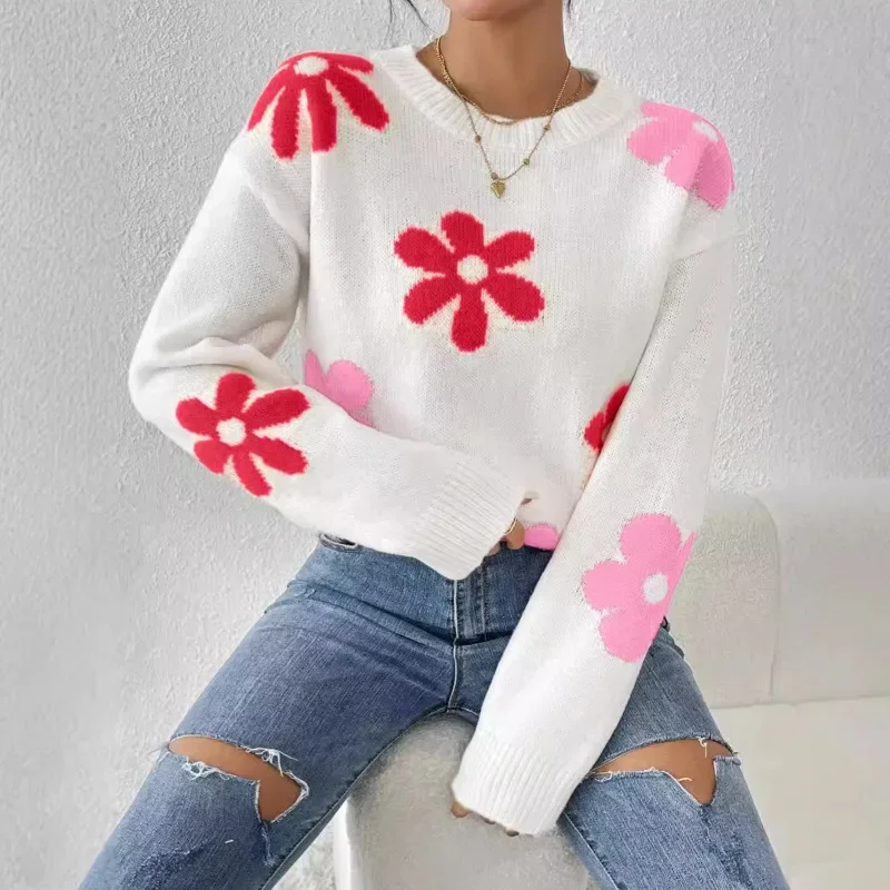 Flower Sweater Contrasting Colors Inlaid Flowers Knitted Top Women Autumn Winter Loose Long Sleeved O-neck Pullover Sweater New