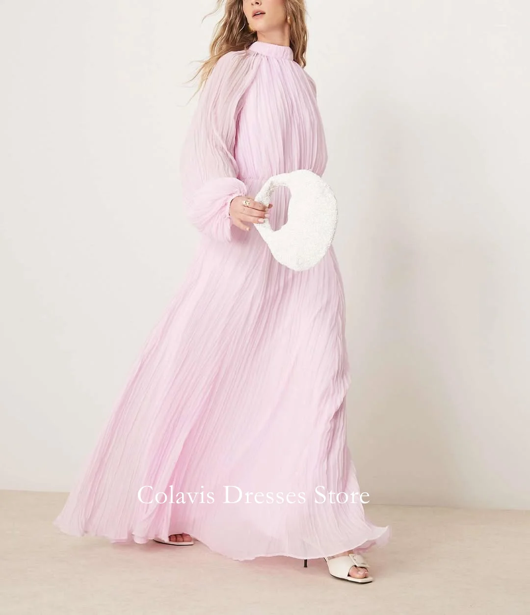 2025 Collo alto personalizzato Abiti da ballo rosa Abito da sera Pieghettato A-Line Maniche a sbuffo Abiti da sera da donna Abito da festa formale