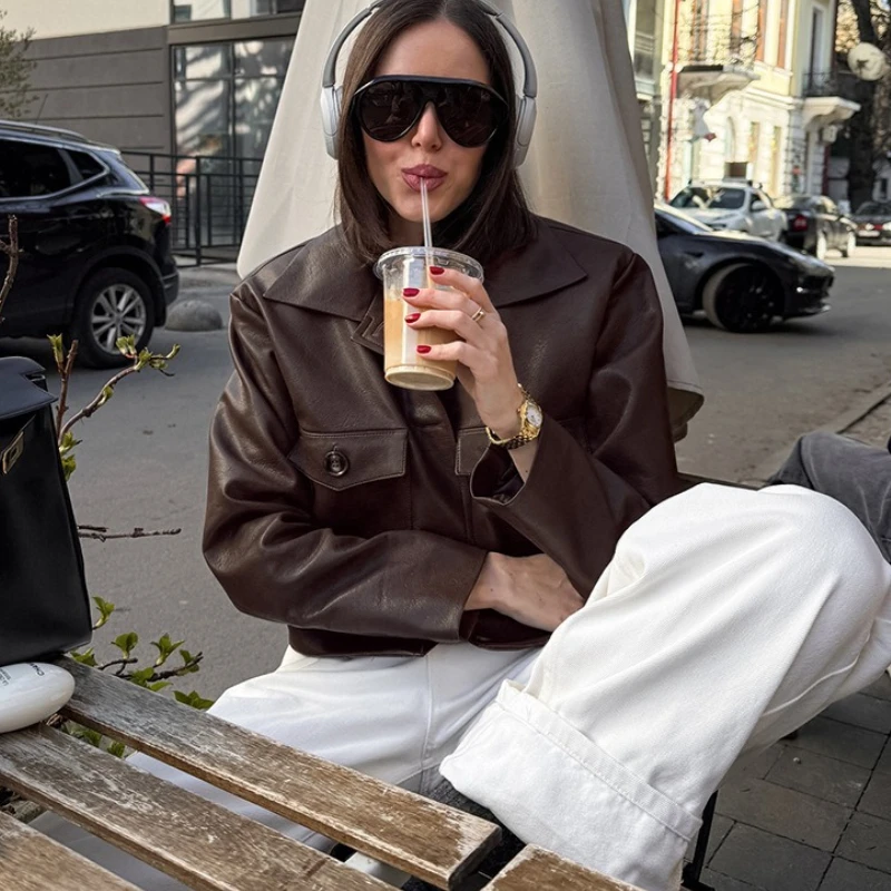 TARUXY Fashion PU Leather Jacket Women's Lapel Pockets Single-Breasted Stitching Coat Autumn Motorcycle Style Commuter Clothing