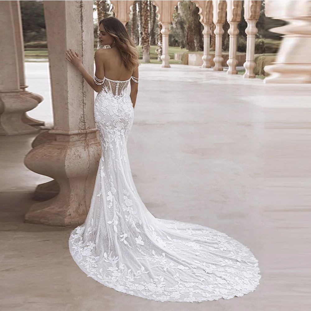 맞춤형 고급 인어 웨딩 드레스 여성용 스위트하트 버튼 레이스 아플리케 약혼 파티 웨딩 드레스 2025