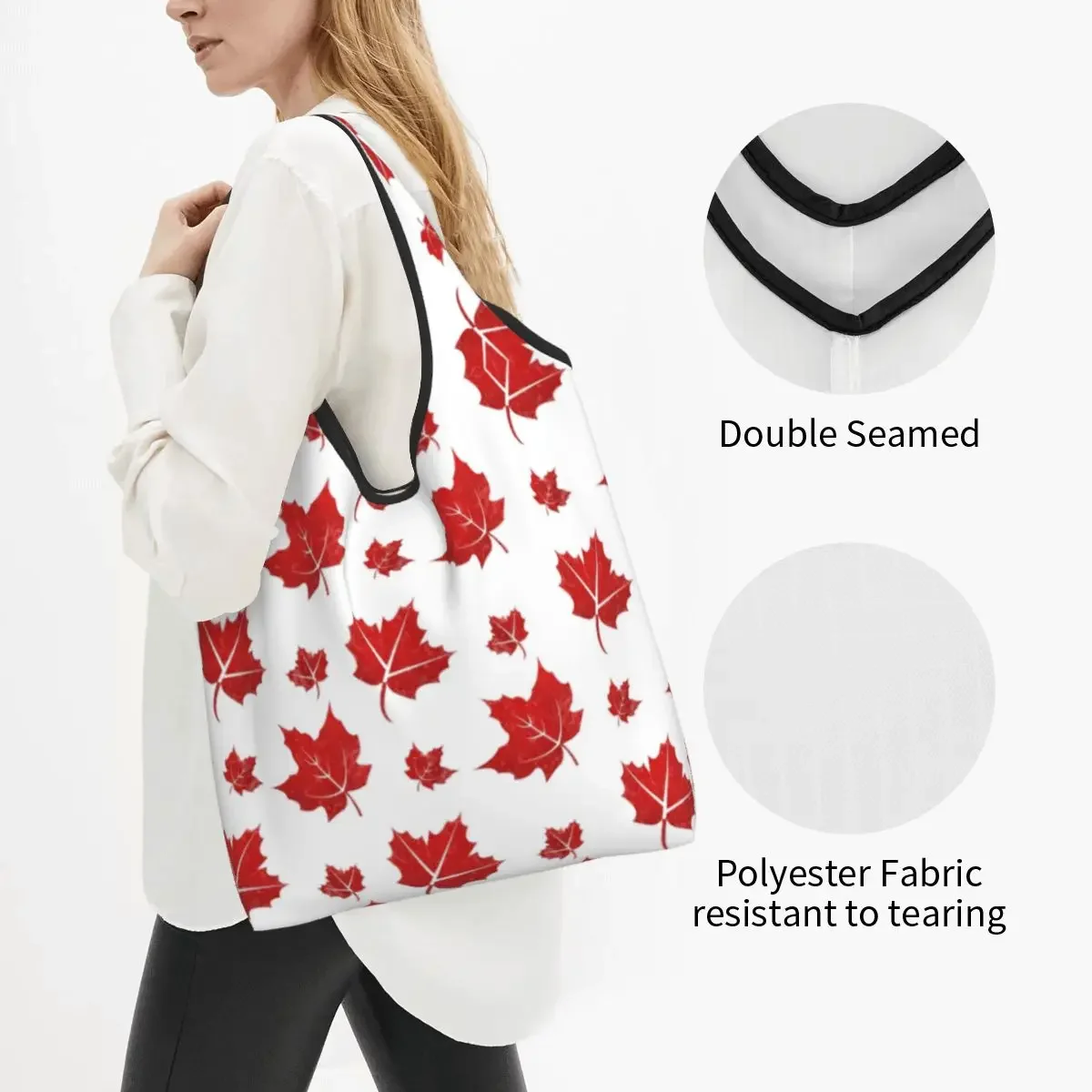 Large Reusable Maple Leaf Pattern Grocery Bags Recycle Foldable Leaves Shopping Eco-Friendly Bag Washable Lightweight