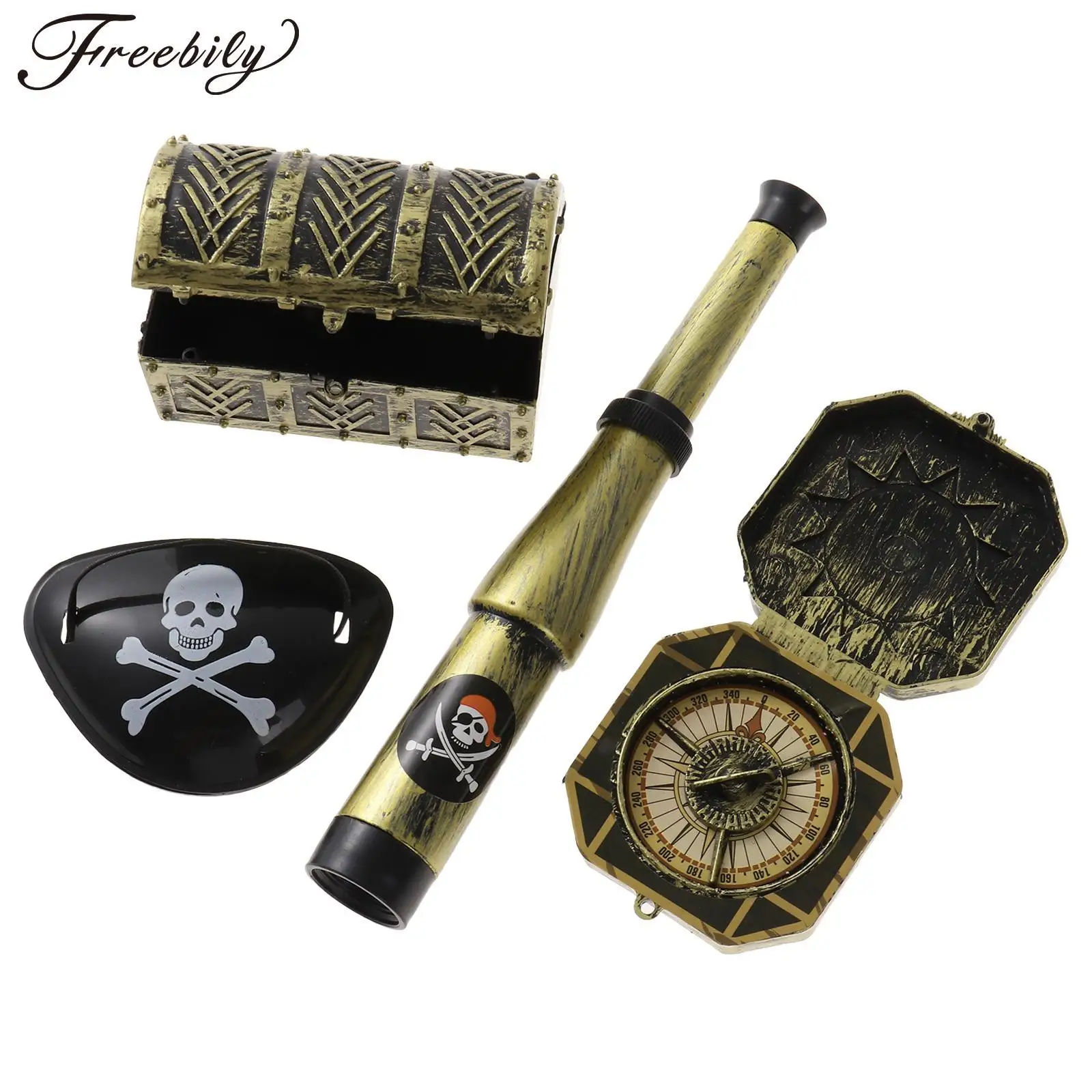 Kids Halloween Party Pirate Cosplay Props Set Compass Retro Telescope Eye Mask Treasure Box Plastic Pirate Costume Accessories