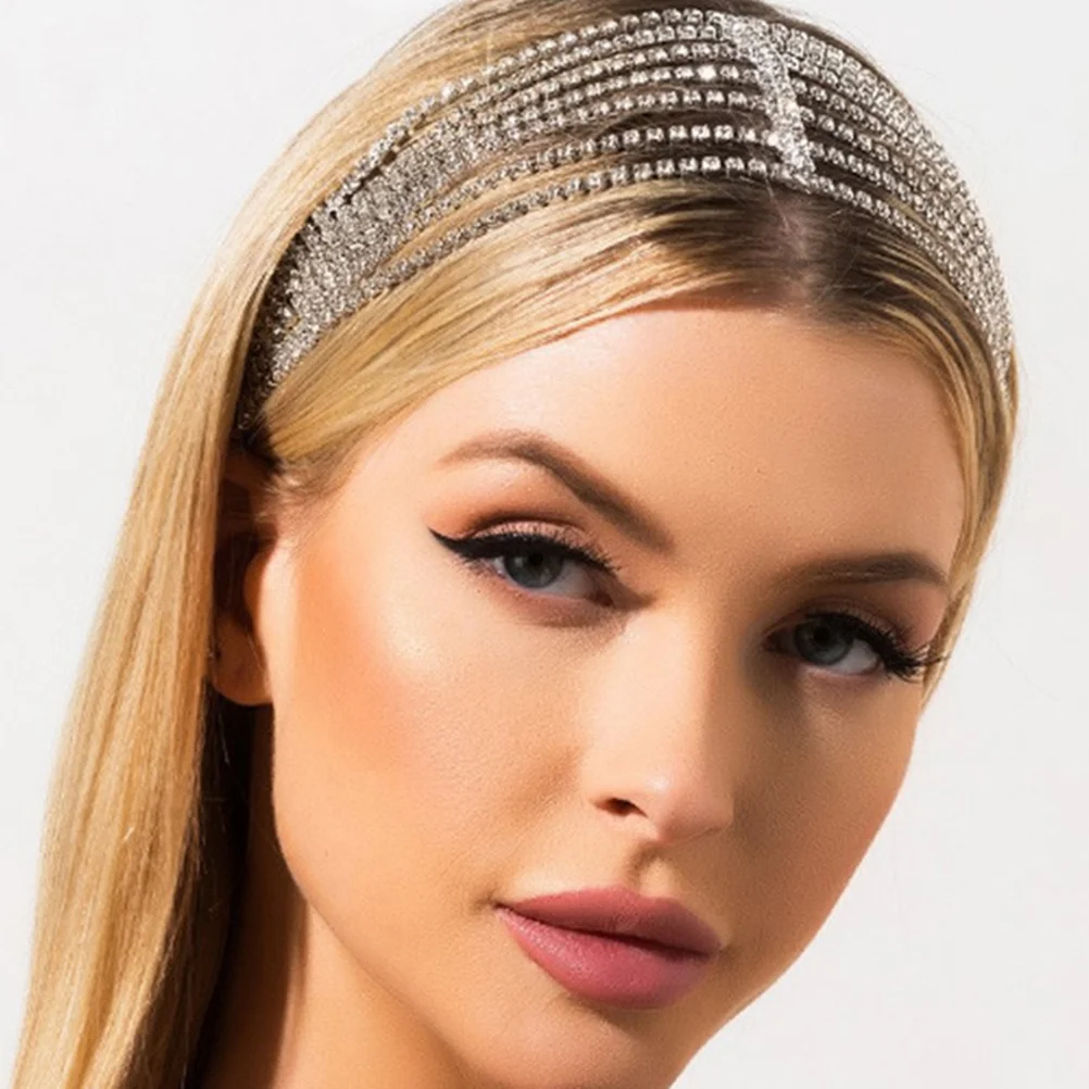 

Rhinestone Headb Women Crystal Chain Bridal Hair Accessory Silver Anti Rust Alloy Jewelry for Party Stage Show