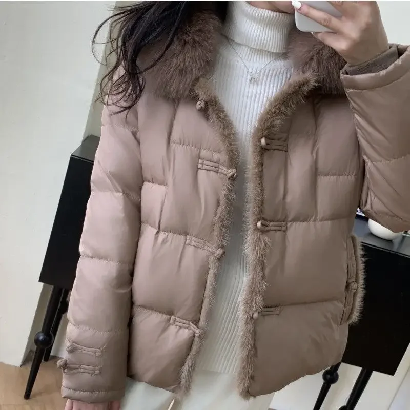 New Down Coat Women\'s Winter Short White Duck Down Big Fox Collar Loose Mink Coat Winter Coat Women Down Jacket Women Coat